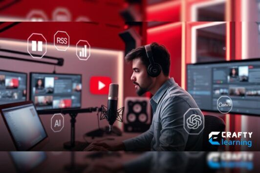 a man wearing headphones works on a computer, focused on a YouTube podcast displayed on a video screen